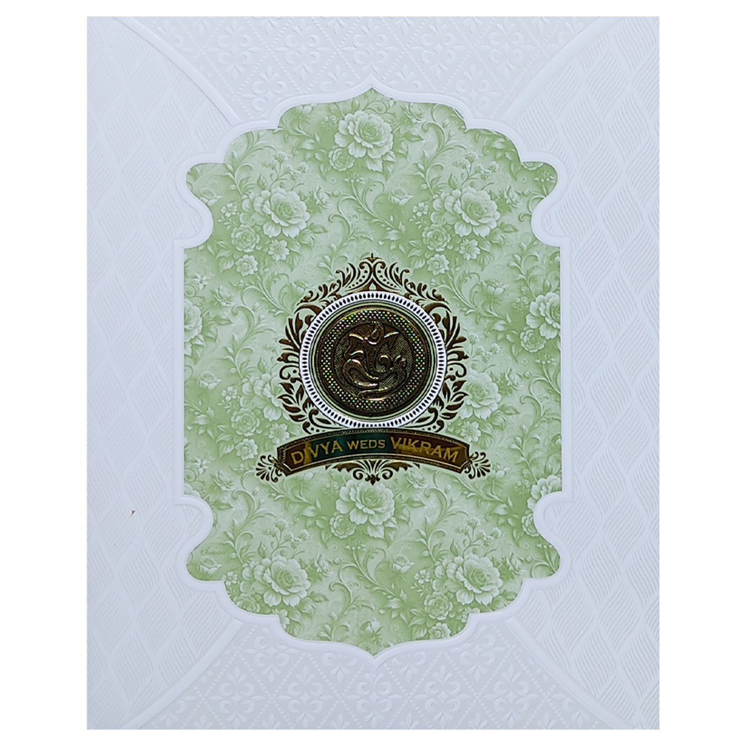 White Embossed Green Floral Wedding Card-KNJS2084G