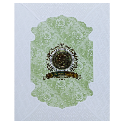 White Embossed Green Floral Wedding Card-KNJS2084G