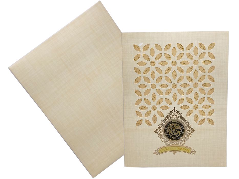 Sandal Metallic Laser Cut Wedding Card In Gold Wolly-KNK9405S-King of Cards