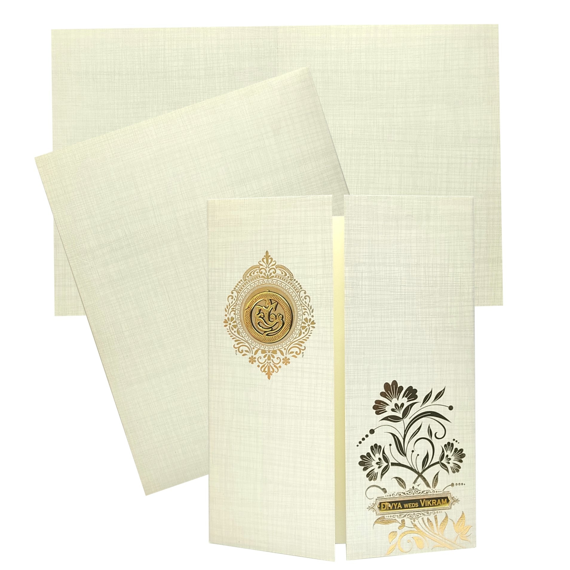 Make a statement with our luxurious wedding invitation cards. This invite features a door type pattern on the main card with floral design.