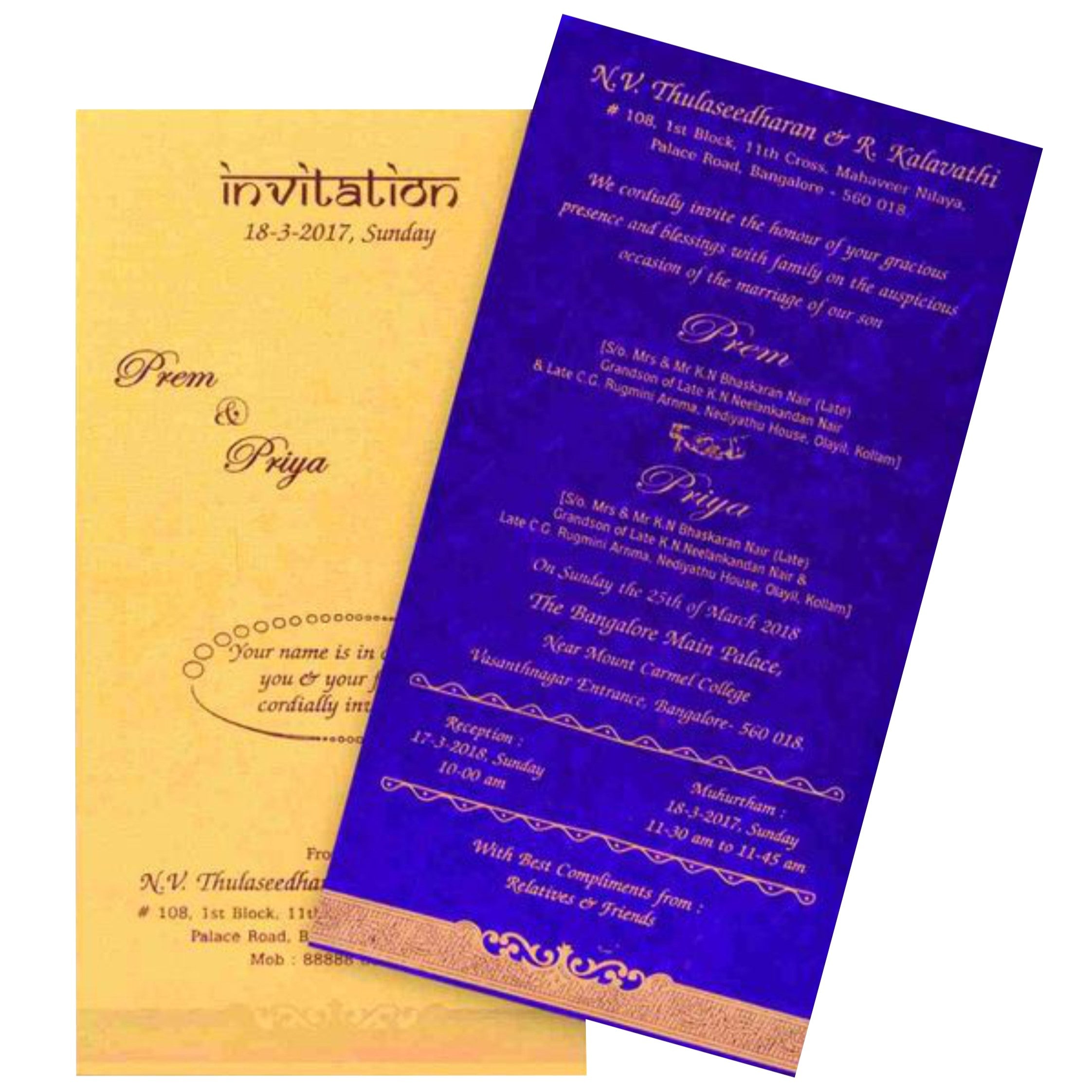 Blue Single Sheet With Gold Cover Invitation