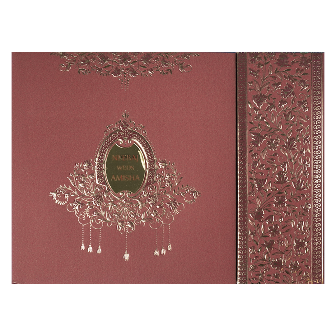 Maroon Floral Padded Wedding Card-KSSC1550