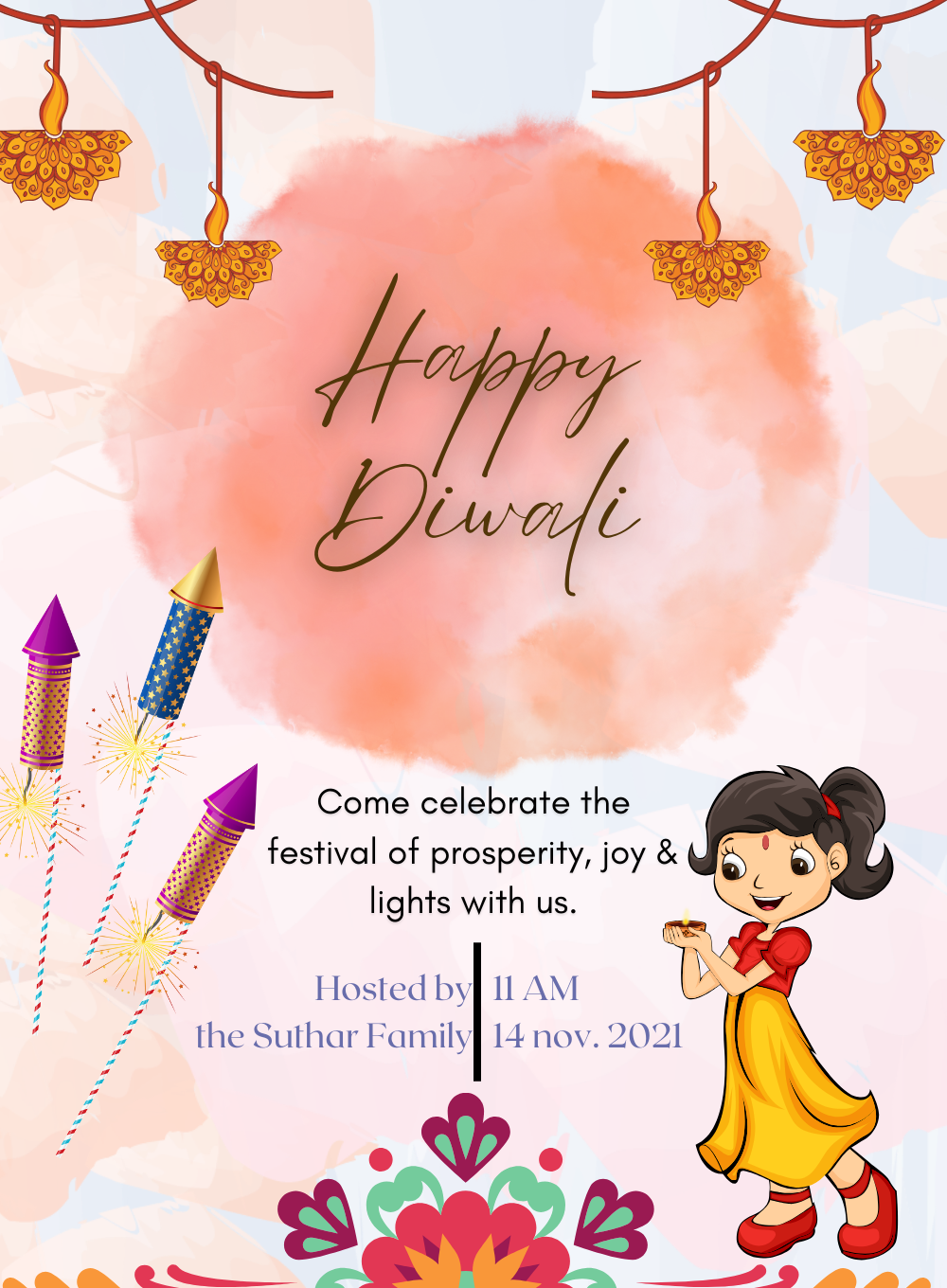 Floral Diya Diwali Invitations-AADWI016