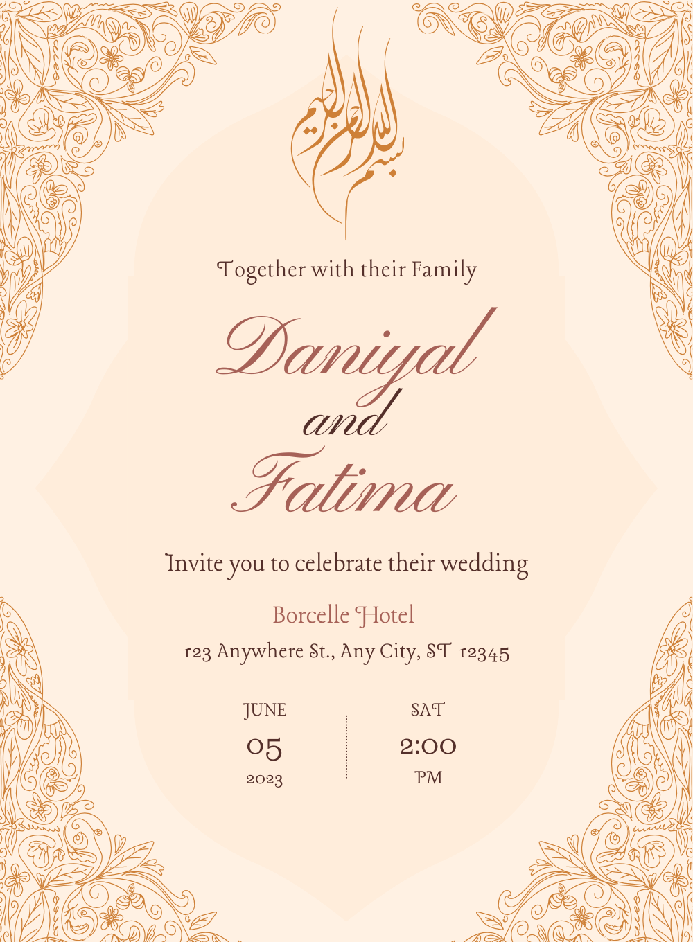 Pink Simple Floral Muslim Wedding Invitation-AAMWI001