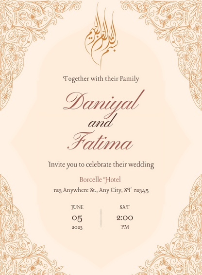 Pink Simple Floral Muslim Wedding Invitation-AAMWI001