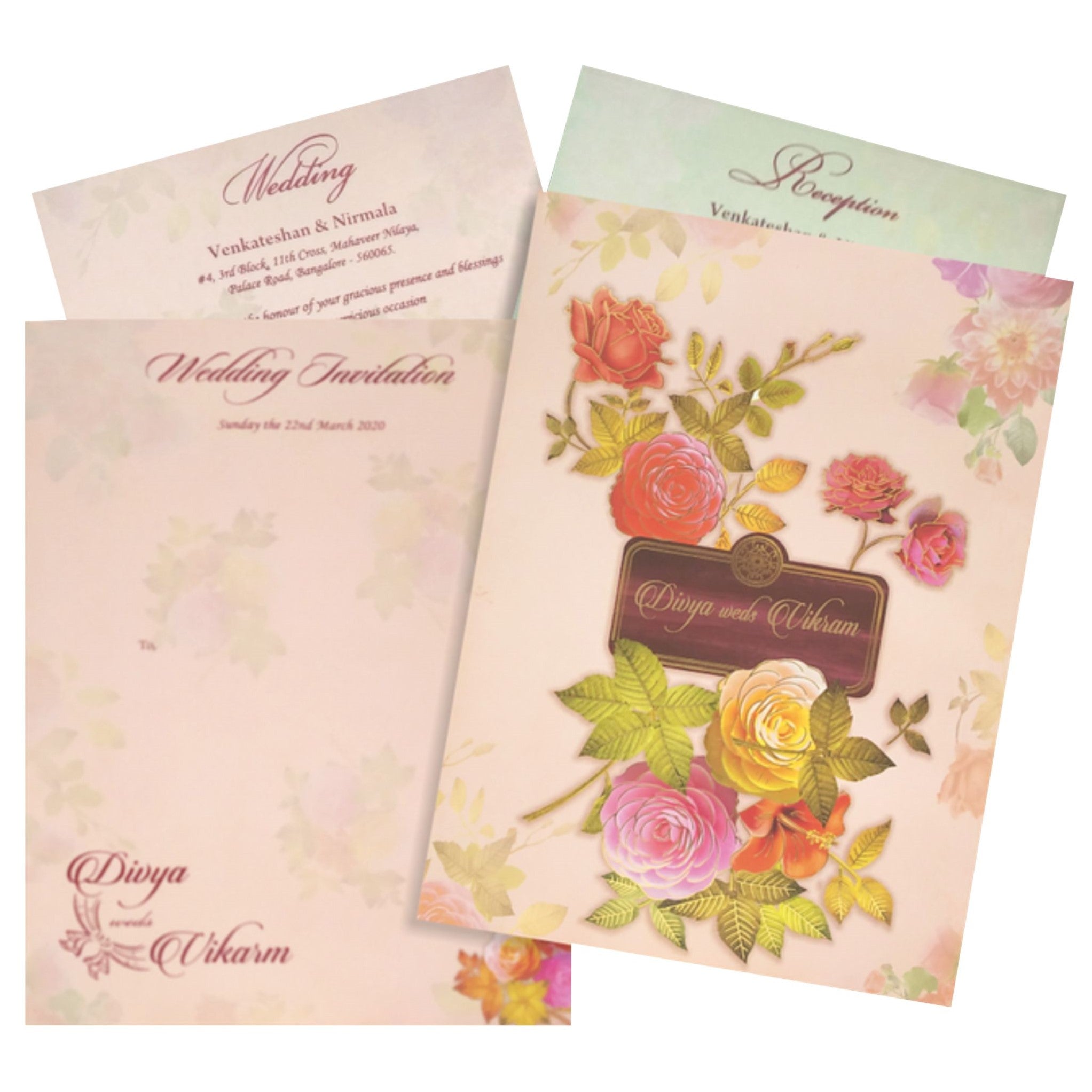Check out the collection ofPeach padded floral design with wood nameplate and coverinvitation card at best price. ? Customer Support ? Home Delivery