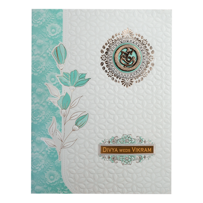 White Blue Floral Embossed Wedding Card-KNJS2086B