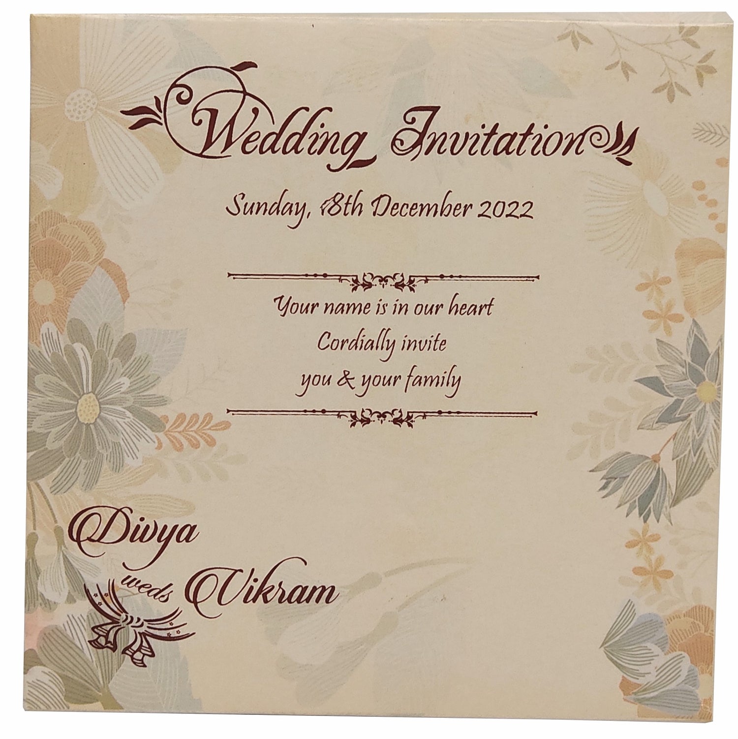 Pink Padded Floral Wedding Card In Offset Print-KNC5602P
