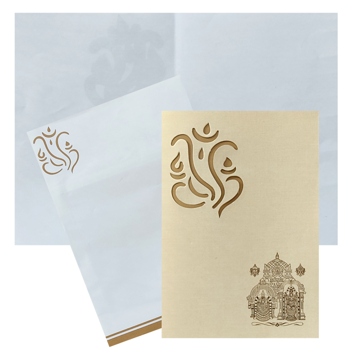 Blue shading all around the card with cut Ganesha at the top left corner makes the card more lovely and Beautiful.  This card is a small vertical sort card. This card has a gold foiling Balaji Padhmavathi theme. The cover and the card is made of paper material which makes it light weight when compared to other cards. This less weight makes more comfortable for the customer. This card has a perfect metallic finish. Get in touch with us to put in the order for the card. Additional information about the card i