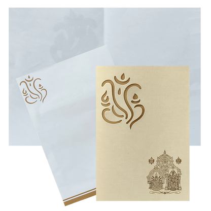 Blue shading all around the card with cut Ganesha at the top left corner makes the card more lovely and Beautiful.  This card is a small vertical sort card. This card has a gold foiling Balaji Padhmavathi theme. The cover and the card is made of paper material which makes it light weight when compared to other cards. This less weight makes more comfortable for the customer. This card has a perfect metallic finish. Get in touch with us to put in the order for the card. Additional information about the card i