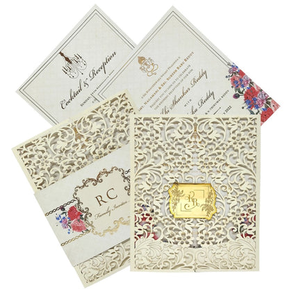 Cream Trending Laser Cut Wedding Card With Floral Touch-KNKYP001