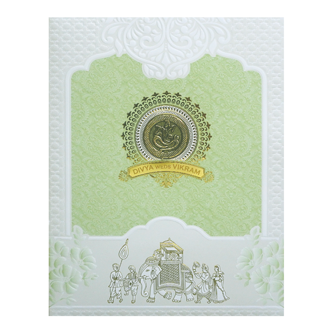 Green and White Bhaarat Wedding Card-KNJS2089G