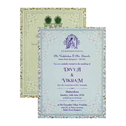 Blue Floral Gatefold Padded Wedding Card-KNPO9533G