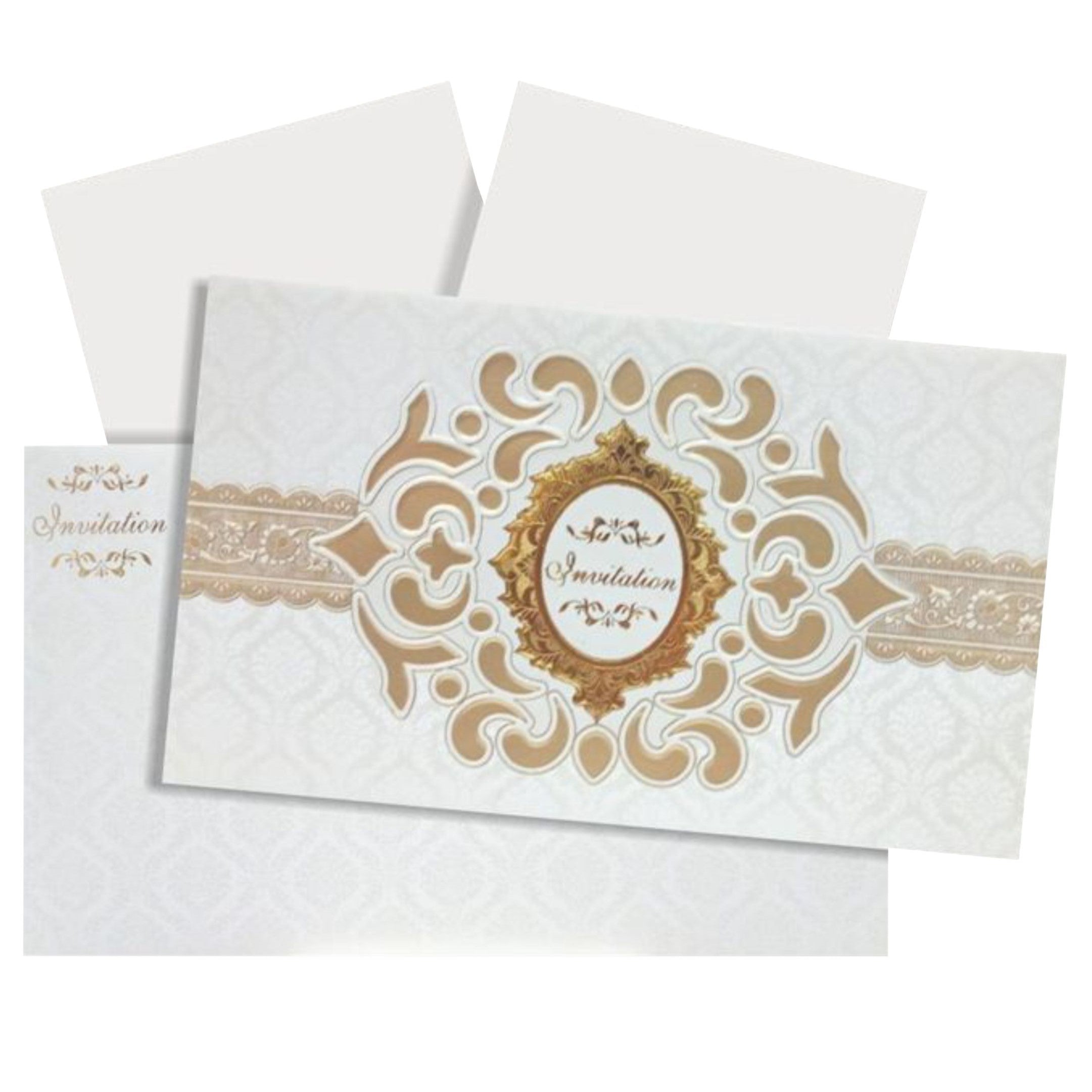 Selling White envelope gold die cut print with two inserts invitation card online. Buying invitation cards made easy with King of Cards! &amp;