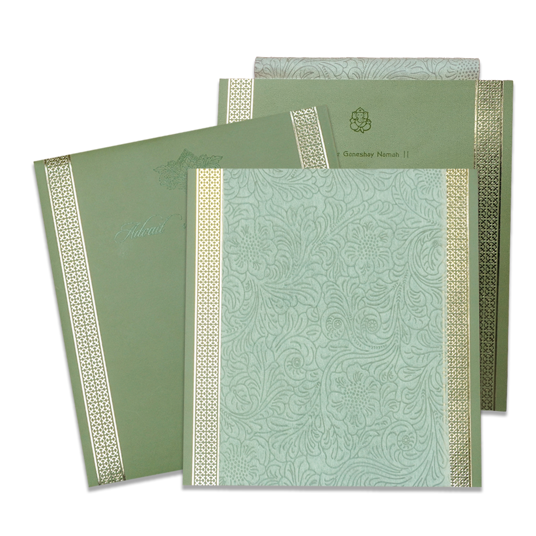 Green Gold Embossed Floral Wedding Card - KRCS8281
