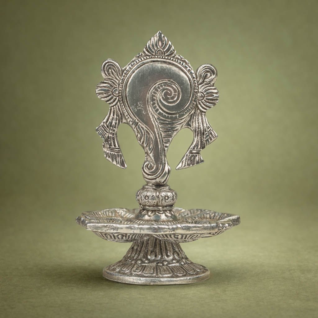 Antique Silver Shankh Diya Stand-GRI0560