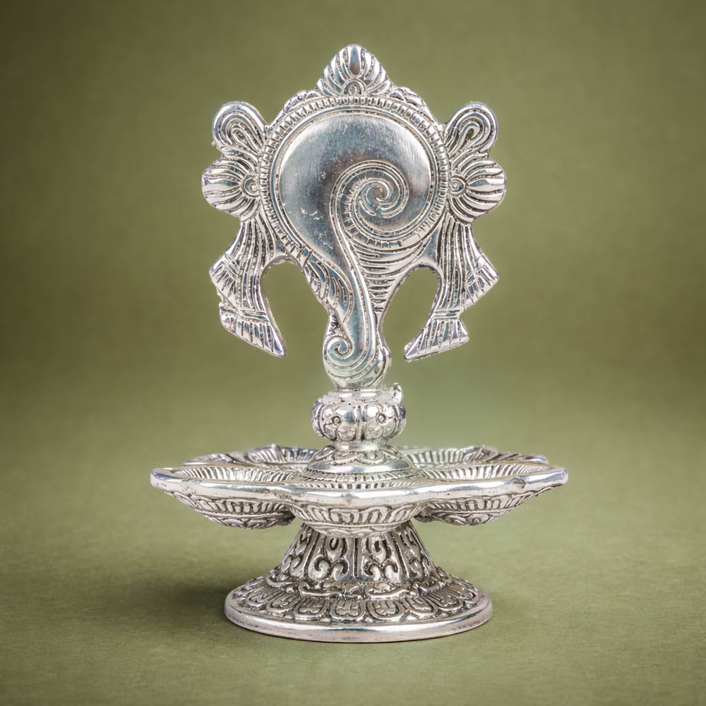Antique Silver Shankh Chakra Diya Stand-GRI0580