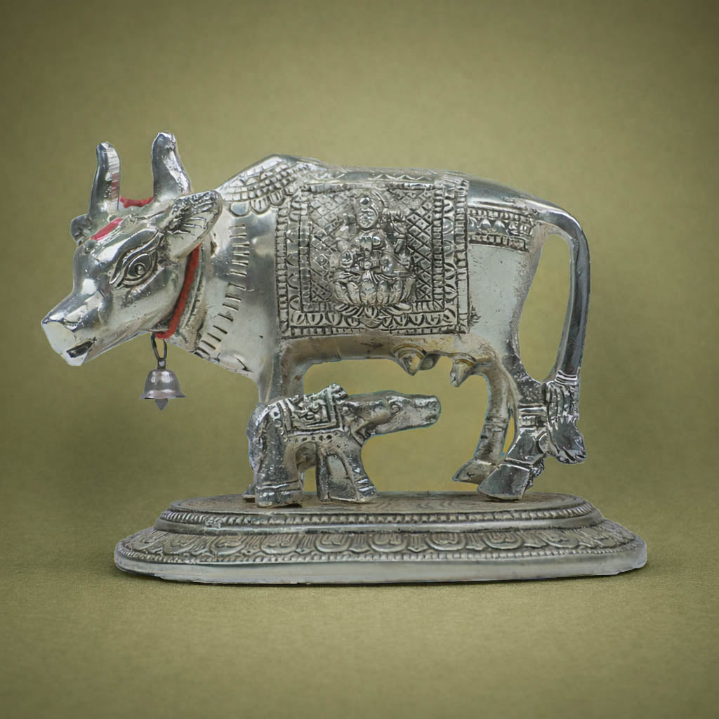 Antique Kamdhenu Cow and Calf Silver Idol - GRI0610