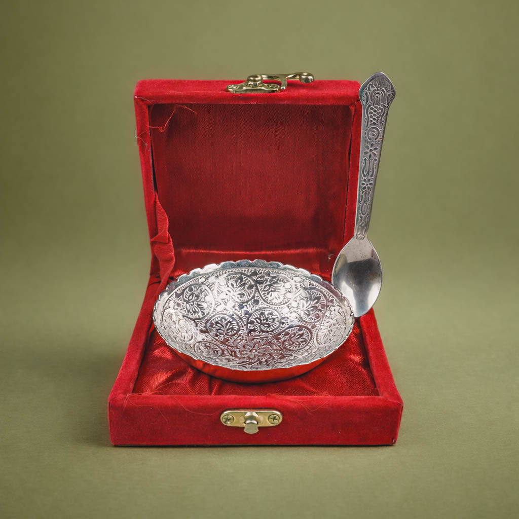 Metal Bowl &amp; Spoon Set in Red Velvet Gift Box-GRI0640