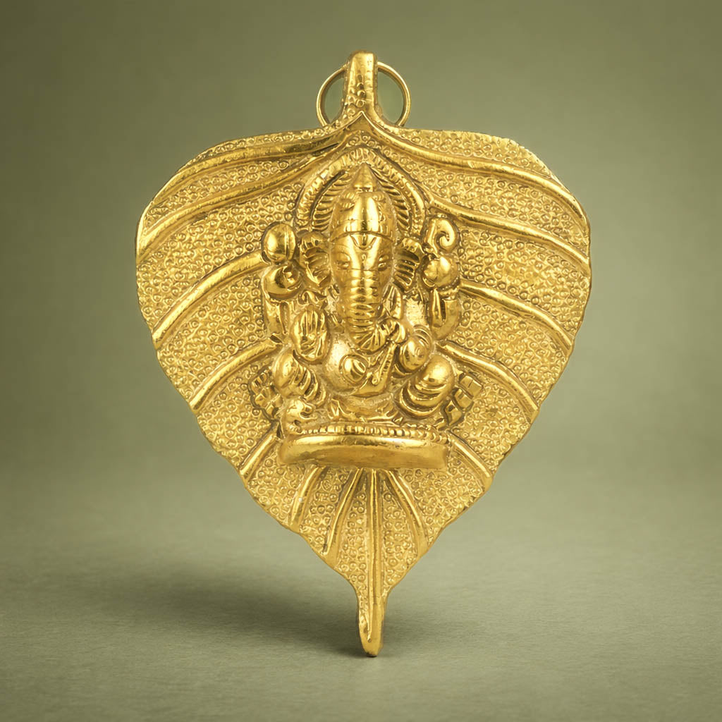 Golden Metal Ganesha on Peepal Leaf Wall Decor - GRI0670