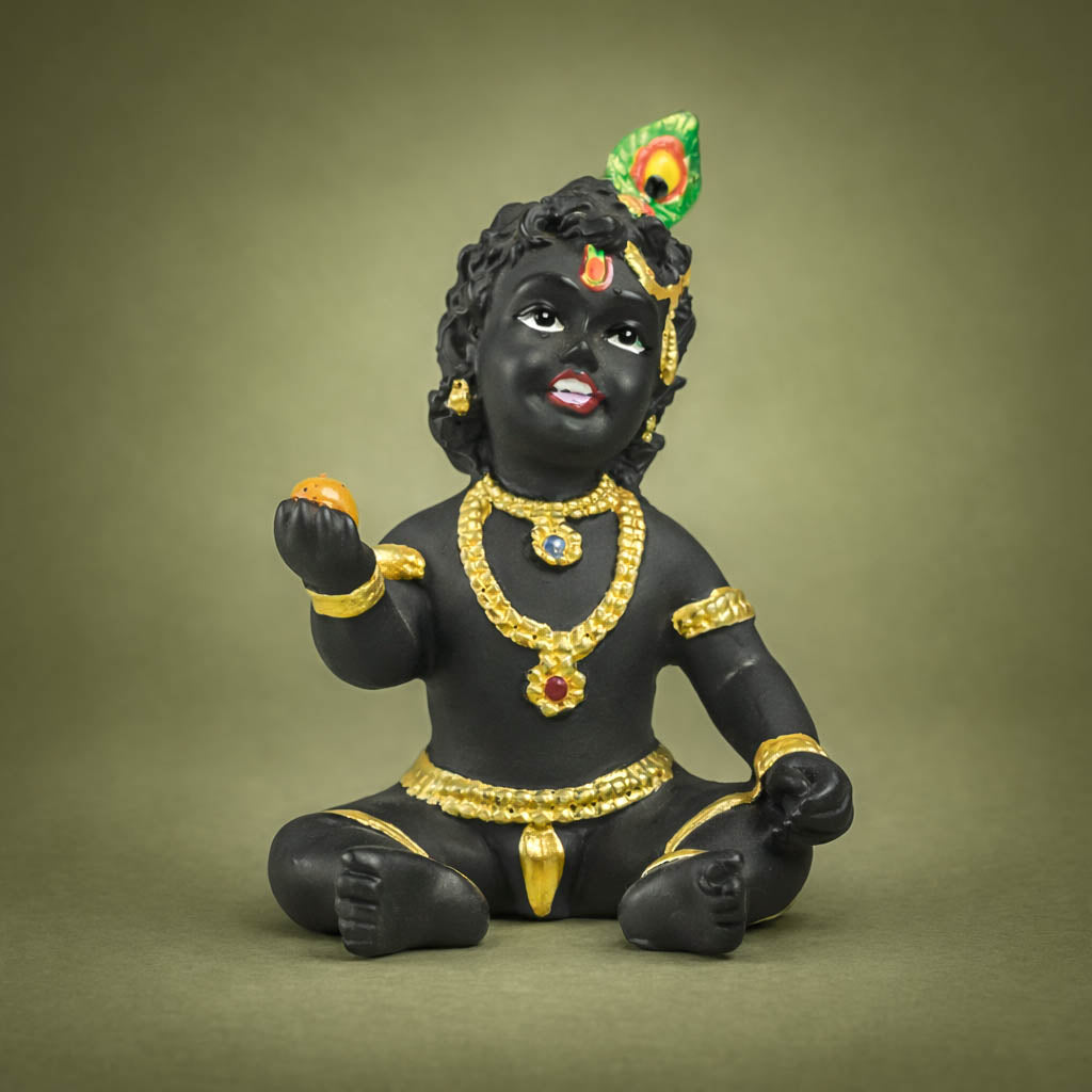 Black and Gold Baby Krishna Idol With Peacock Feather - GRI0764