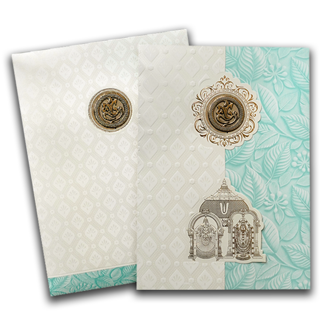 White Pastel Blue Ganesha Temple Wedding Card-KNA2401B