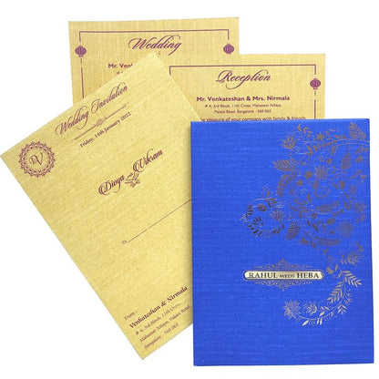 Blue Padding Floral Wedding Card In Gold Foiling Print-KNPC9519B-King of Cards