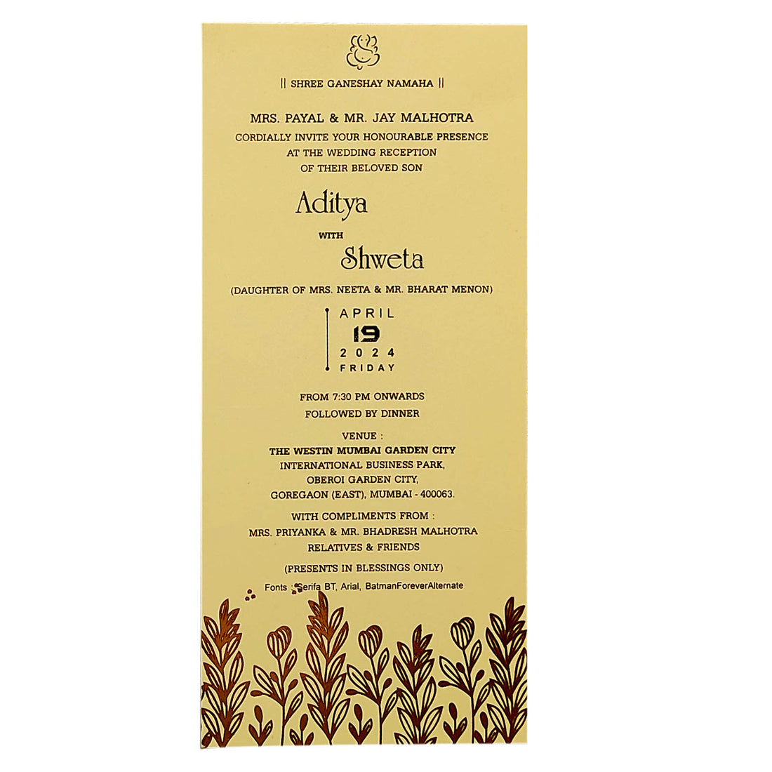 Cream Floral Foil Single Sheet Invitation Card-King of Cards