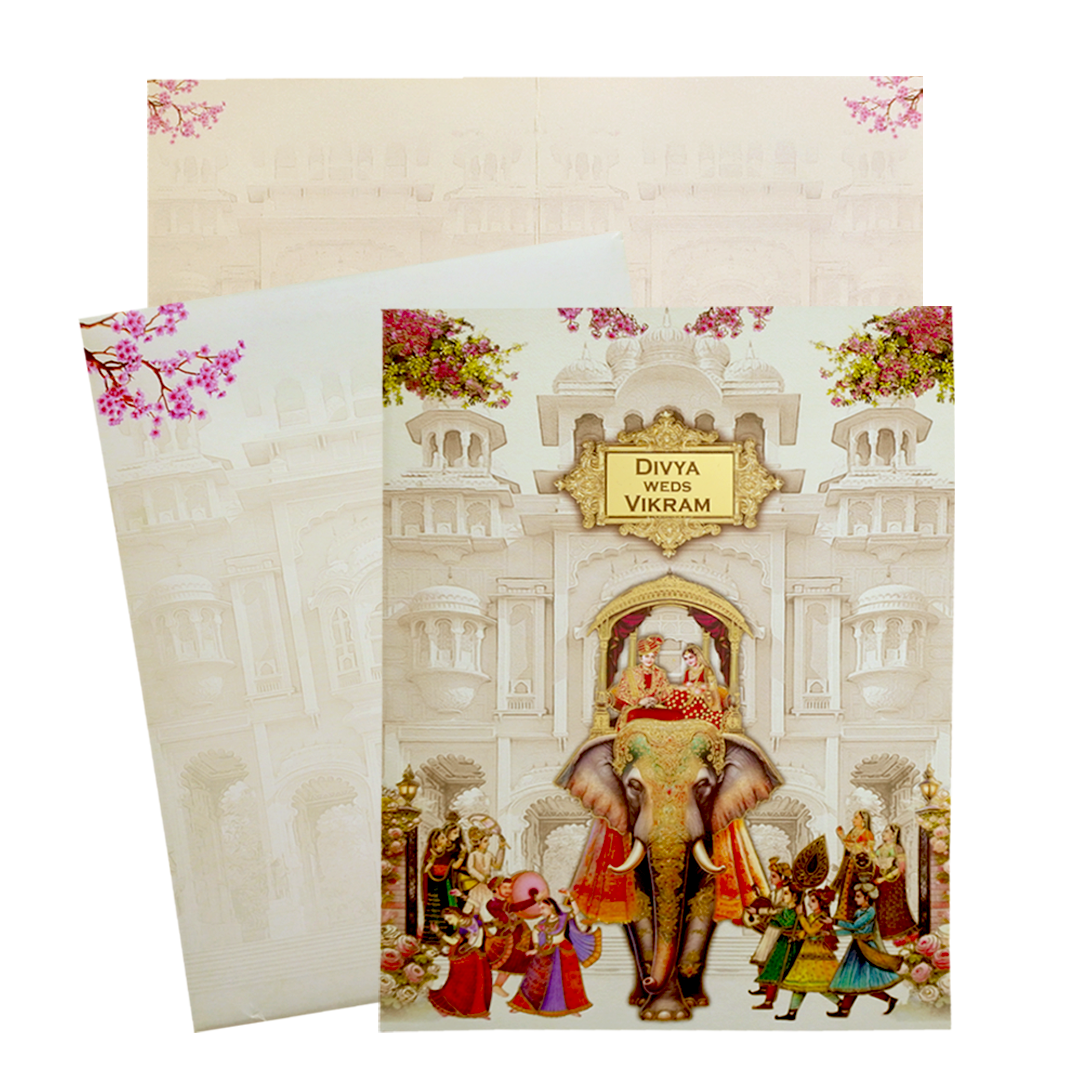 Cream Royal Elephant Nameplate Wedding Card-KNTY6811