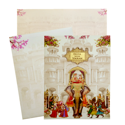 Cream Royal Elephant Nameplate Wedding Card-KNTY6811