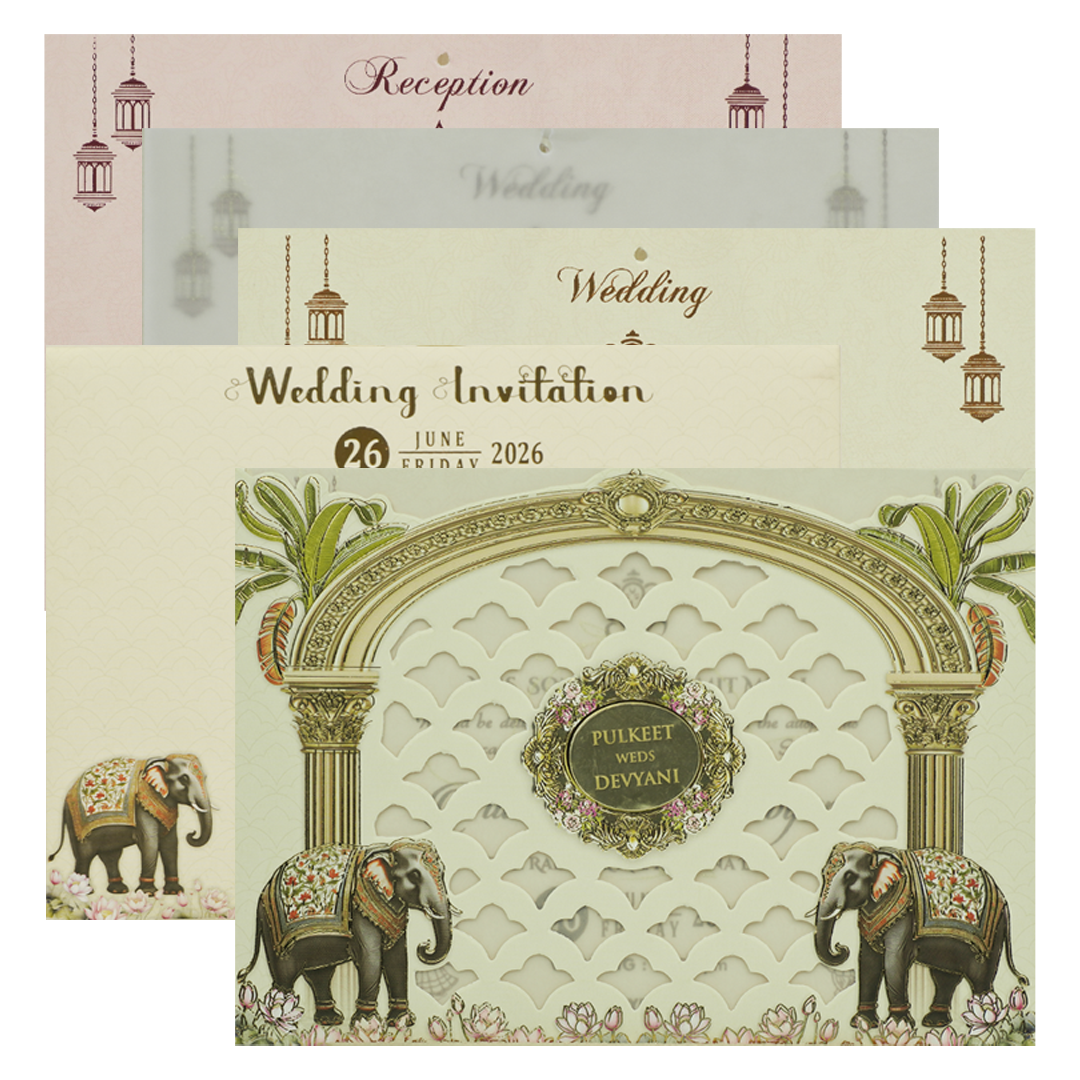 Check out Cream Elephant Laser Cut Wedding Card at best price.✅WhatsApp Support ✅Express Delivery.|King of cards.