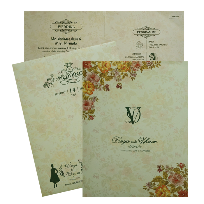 Light Green Jumbo Size Floral Wedding Card In Offset-KNKJ1091-King of Cards