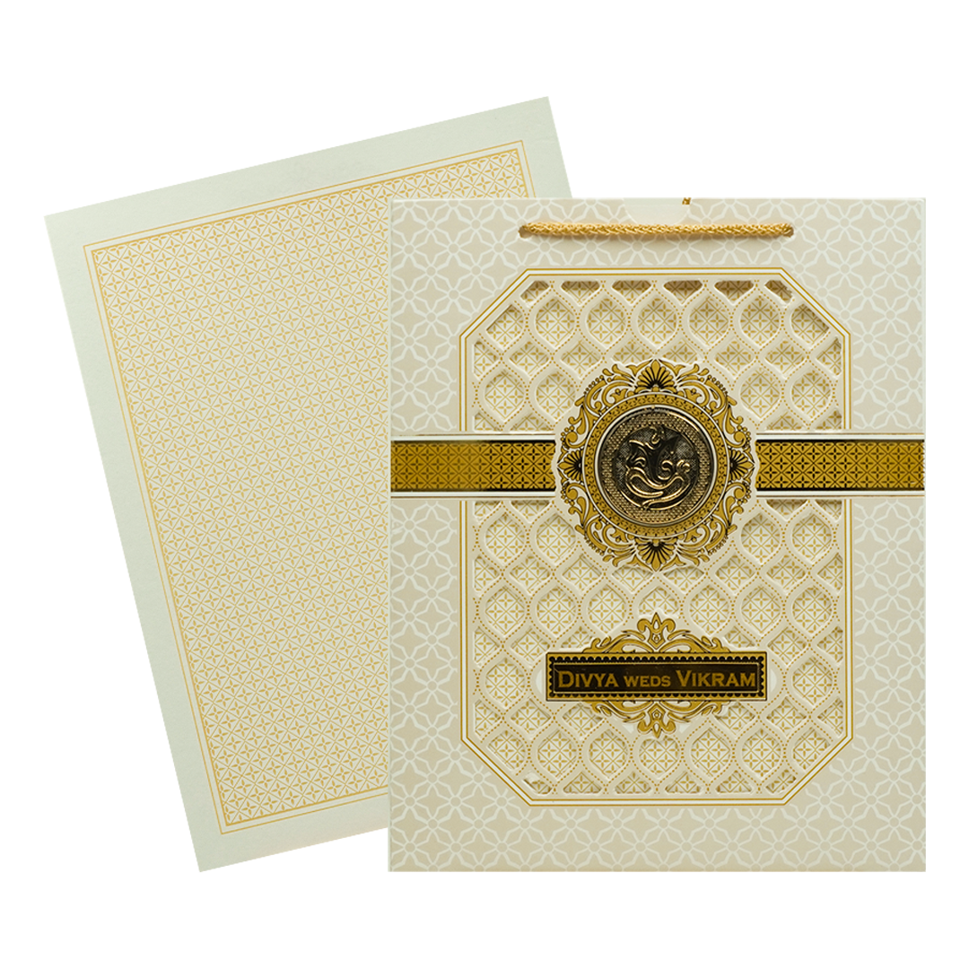 Cream Gold Jali Laser-cut Wedding Card-KNQS8308