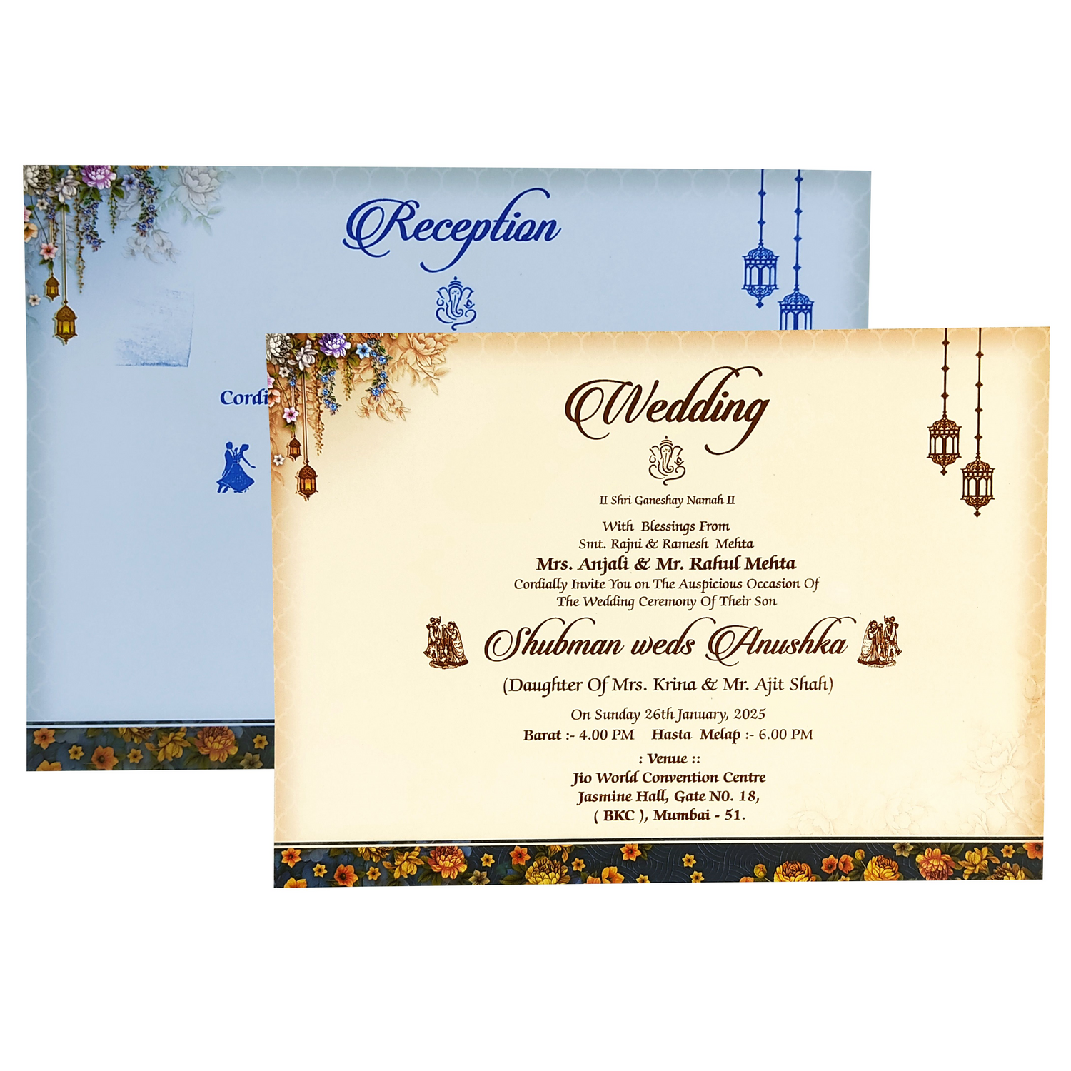 Aegean Blue Cream Floral Door Padded Invitation Card-Krb08570