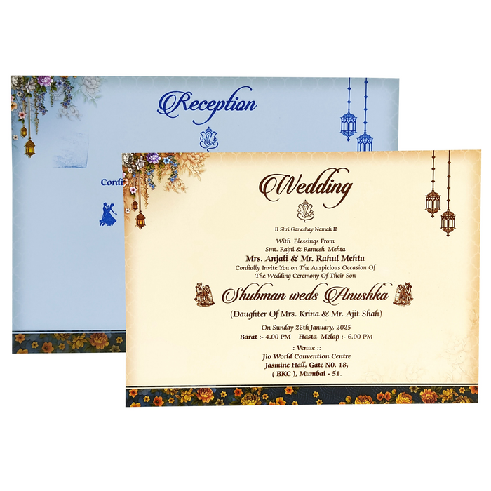 Aegean Blue Cream Floral Door Padded Invitation Card-King of Cards
