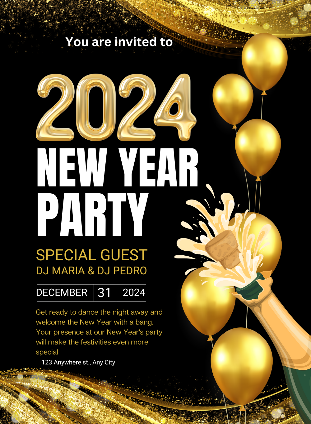 Bubbly Champagne New Year Party Invitation-AANYI008