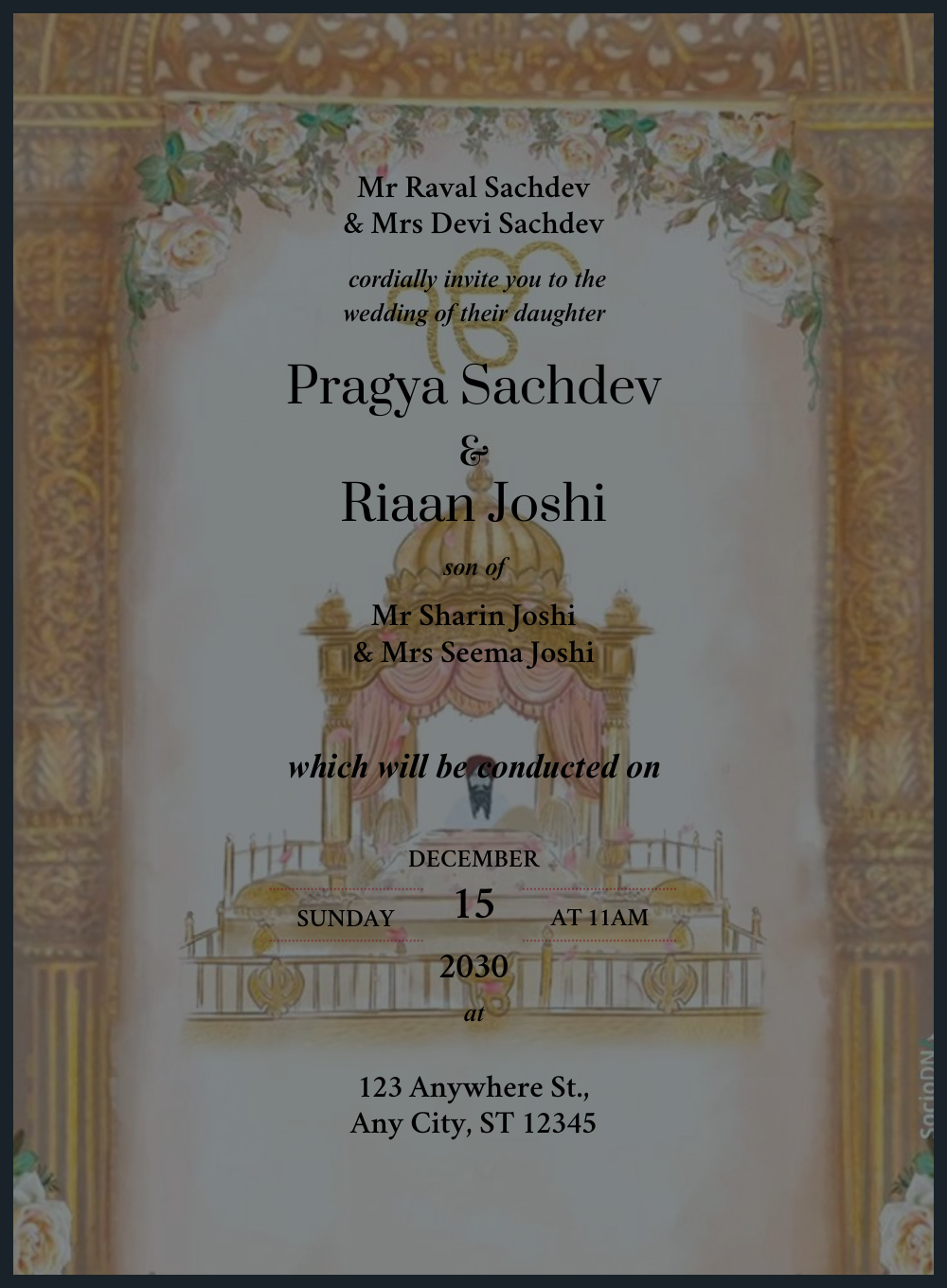 Golden Floral Punjabi Wedding Invitation-AAPUN012