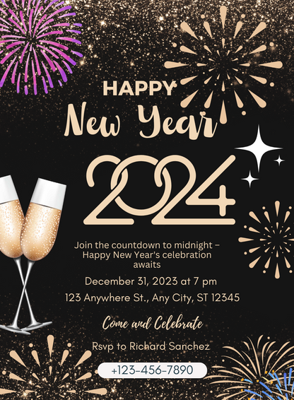 Glittery Gold New Year Party Invitation-AANYI014