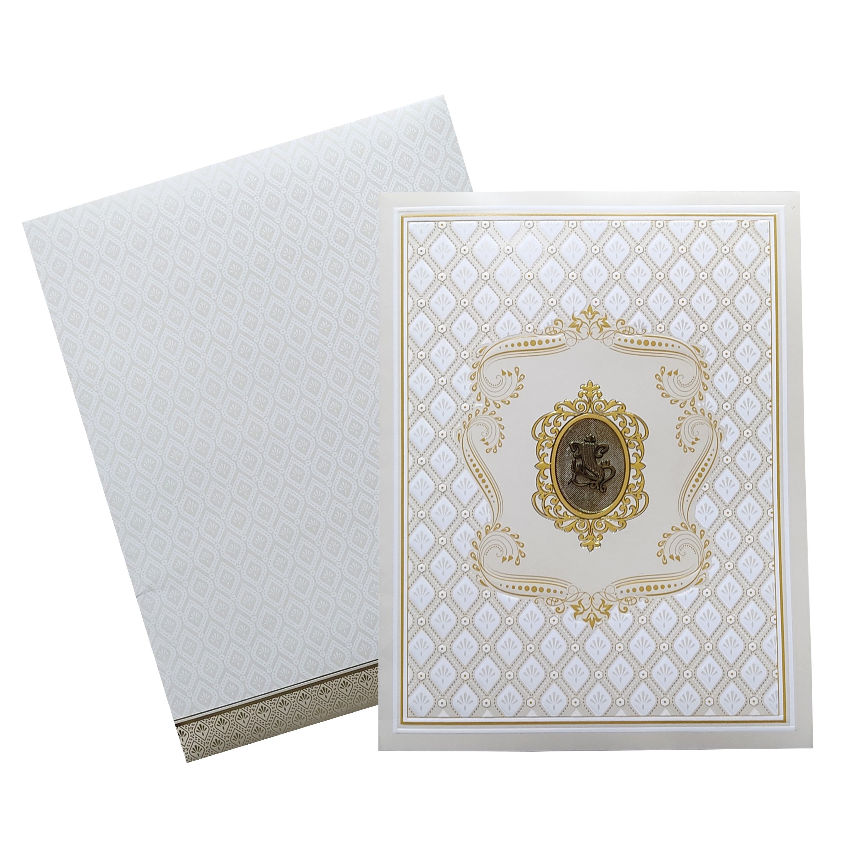 White Ganesha Embossed Invitation Card-KNJS2077