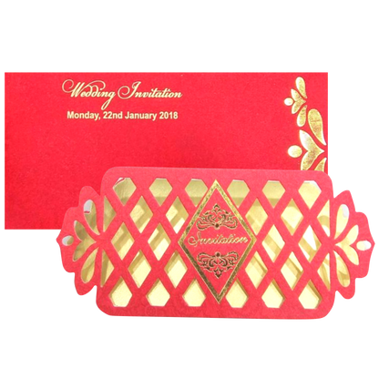 This wedding card is a designer wedding card with horizontal sort. This card has floral theme cut design with invitation imprinted at the centre. This card is a three folded wedding card with royal red shading. This card is a personal card with small dimension. Reach us to know more about the card and printing option. Click the WATCH VIDEO icon to see the video of the card.