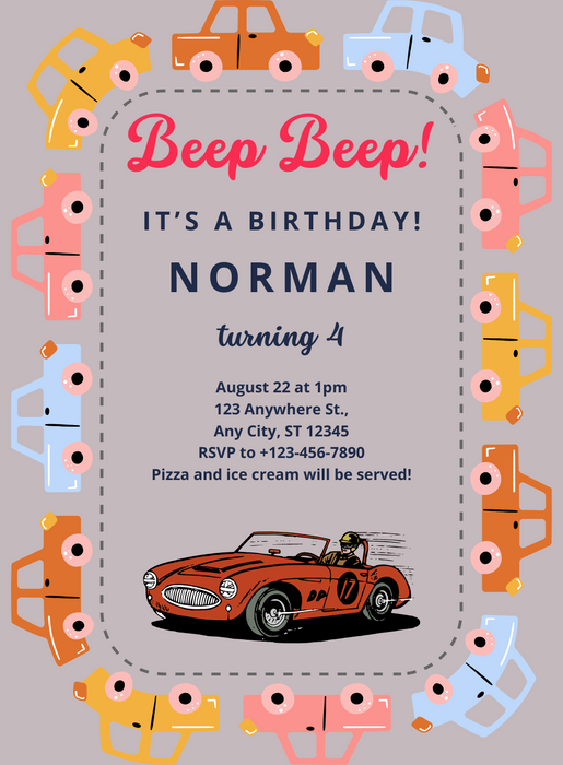 Gray Frame Cars and Trains Invitation-AACAT005