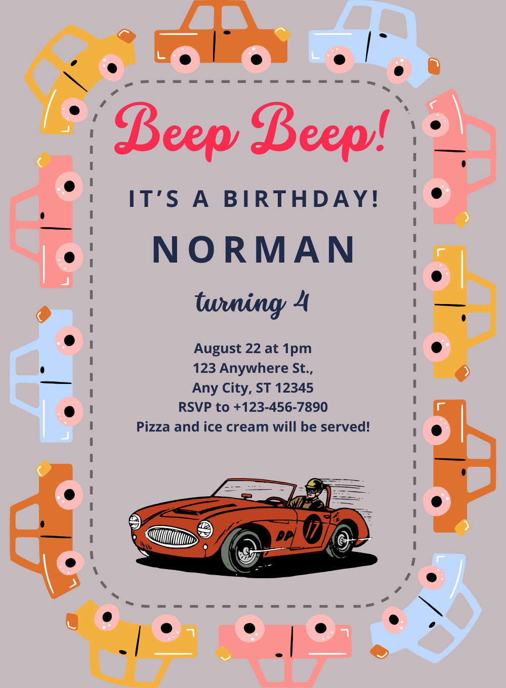 Gray Frame Cars and Trains Invitation-AACAT005