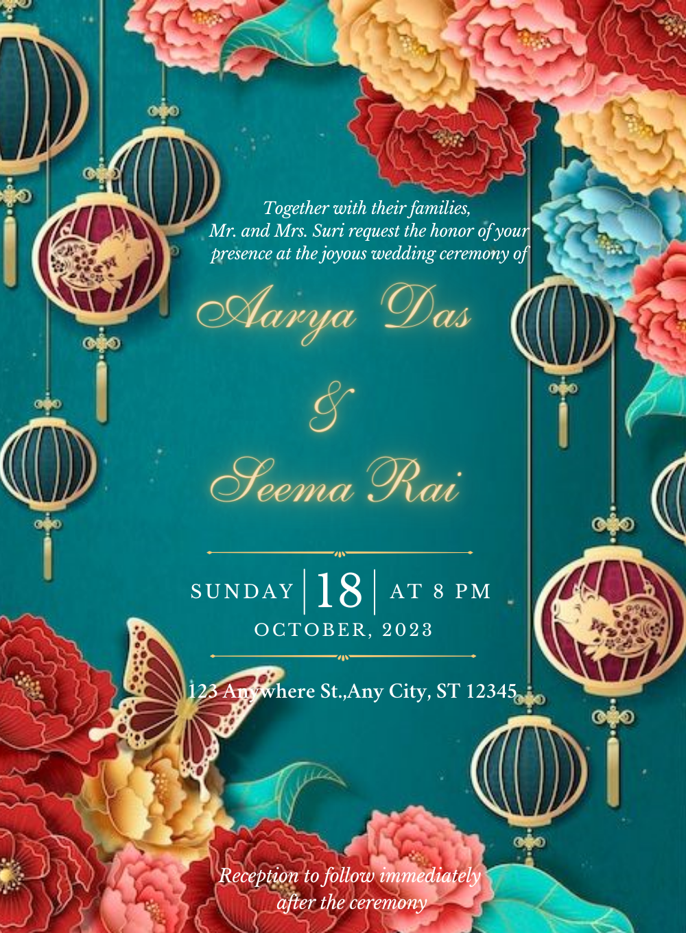 Green Butterflies Traditional Wedding Invitation-AATWI005