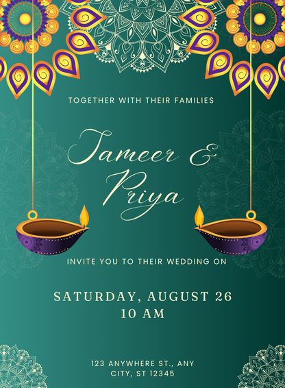 Green Diya Hindu Wedding Invitation-AAHWI008