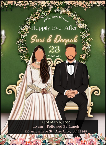 Green Floral Caricature Wedding Invitations-AACAR018