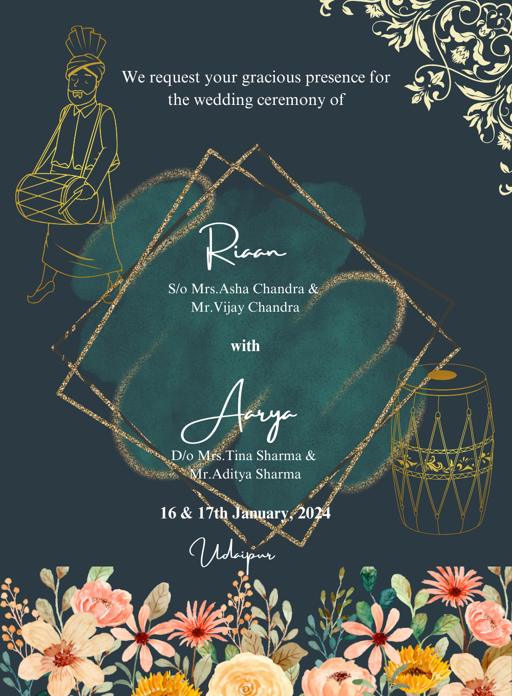 Green Floral Punjabi Wedding Invitation-AAPUN008