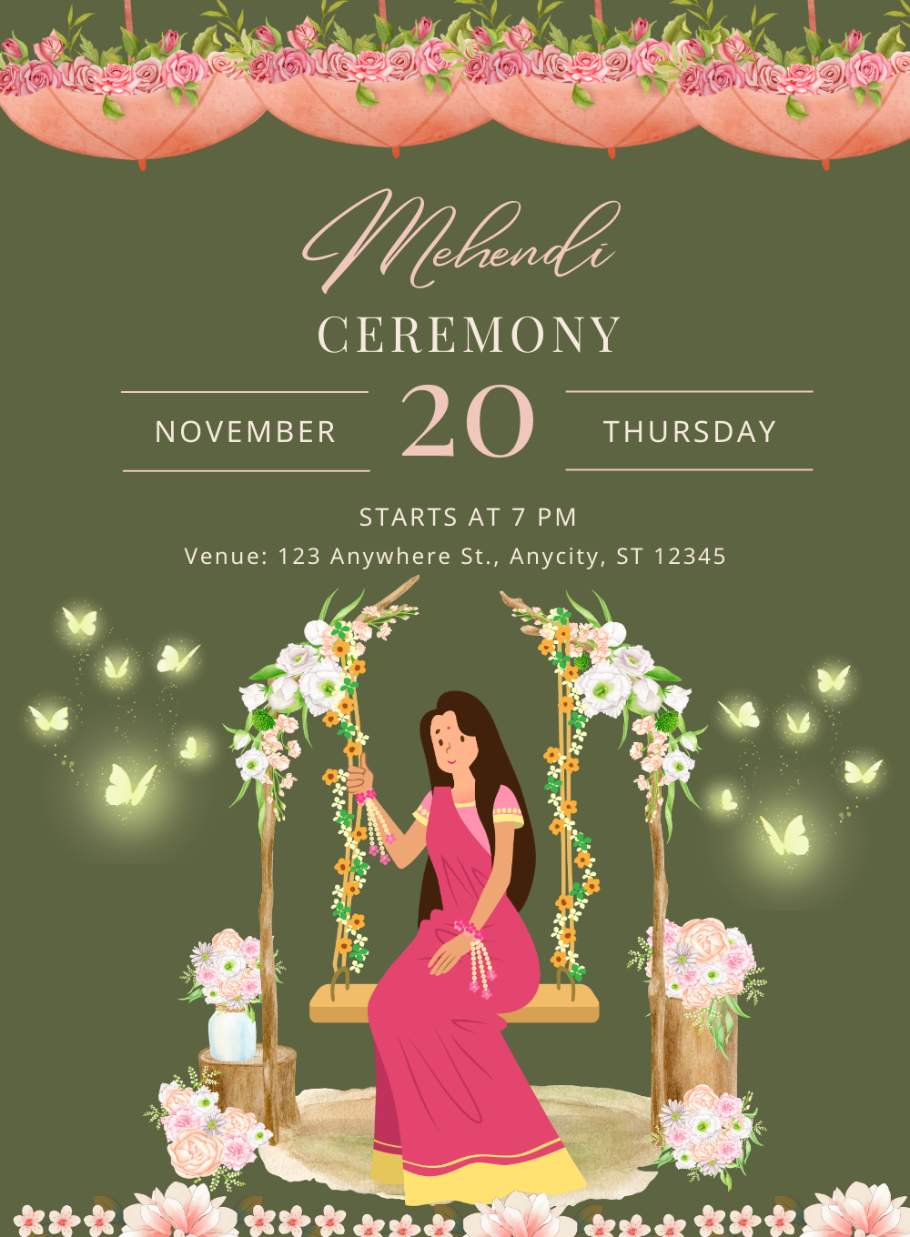 Green Leaves Mehndi Ceremony Invitations-AAMCI035