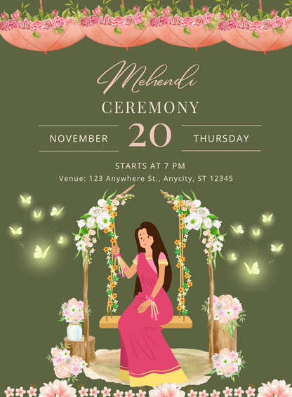 Green Leaves Mehndi Ceremony Invitations-AAMCI035