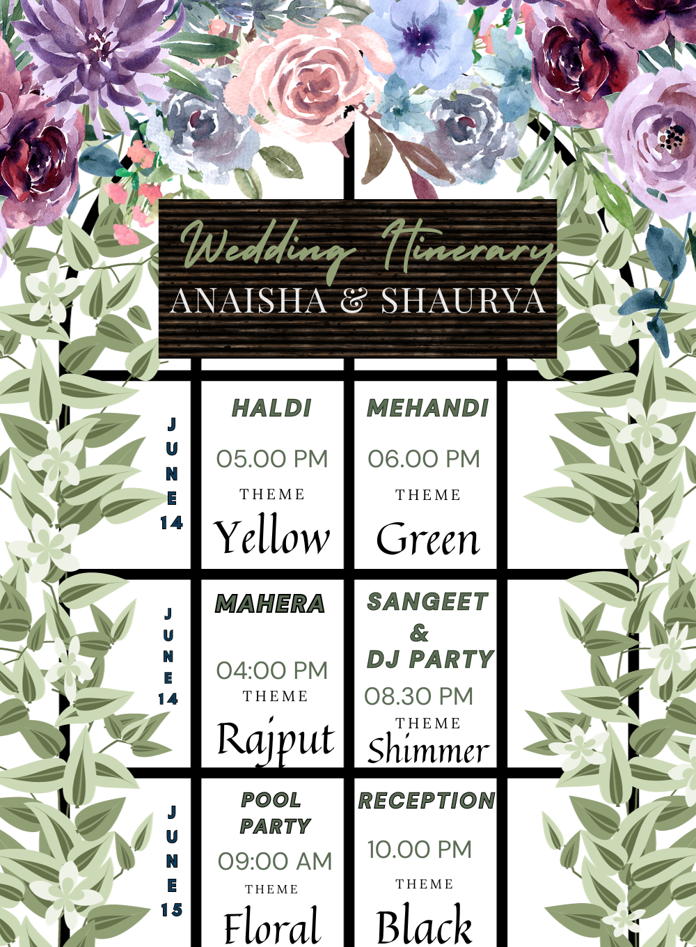 Green Rustic Wedding Itenary Invitation-AAWII025