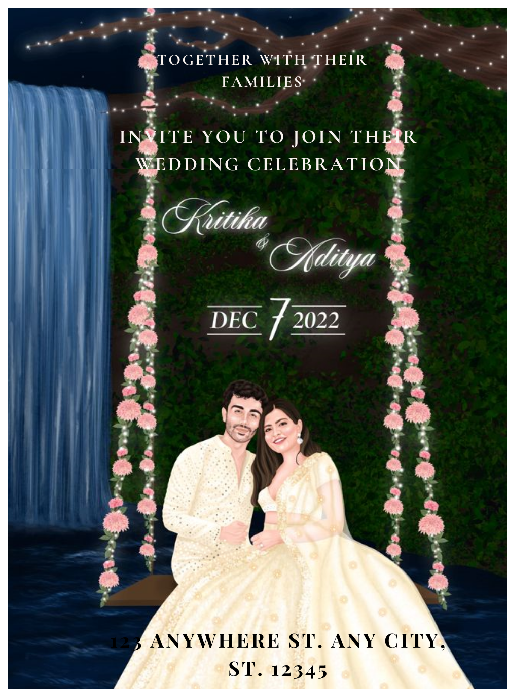 Green Swing Caricature Wedding Invitation-AACAR004